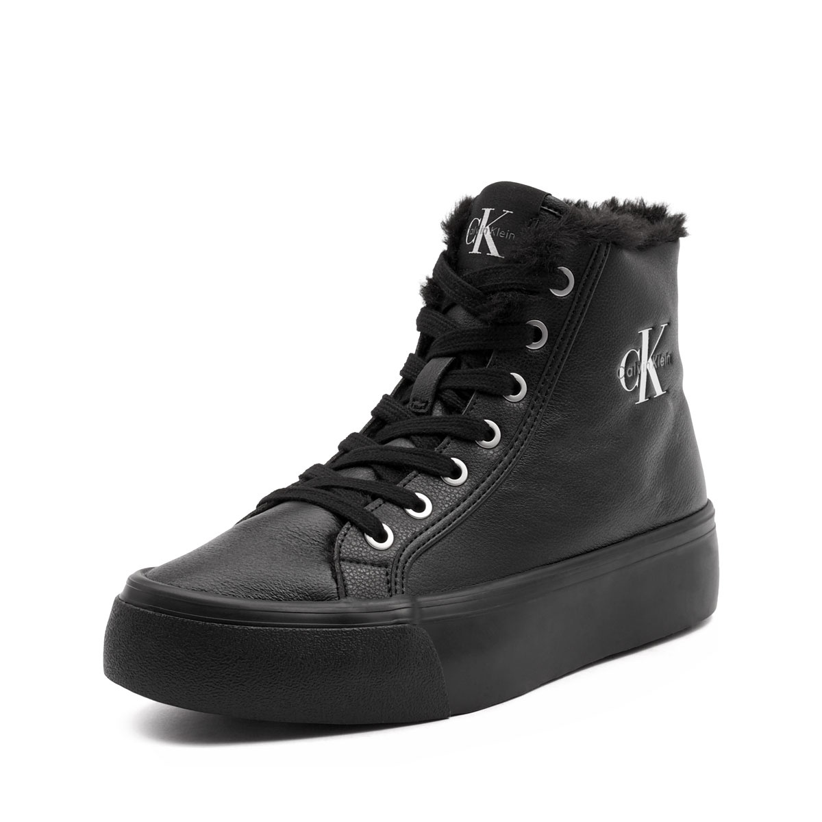 Calvin Klein Vulc Flatform Mid LaceUp Leather Fur Teniși damă HW0HW032340GJ